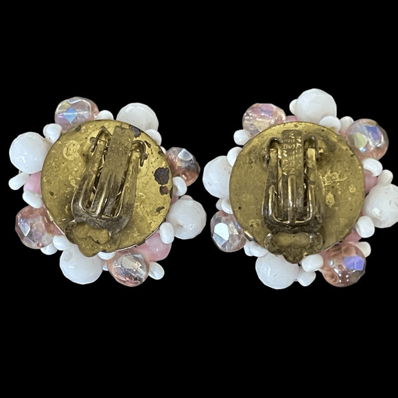 Signed West Germany Pink Glass Beaded Earrings Clip On VTG Beautiful Ballet Core - Picture 2 of 6